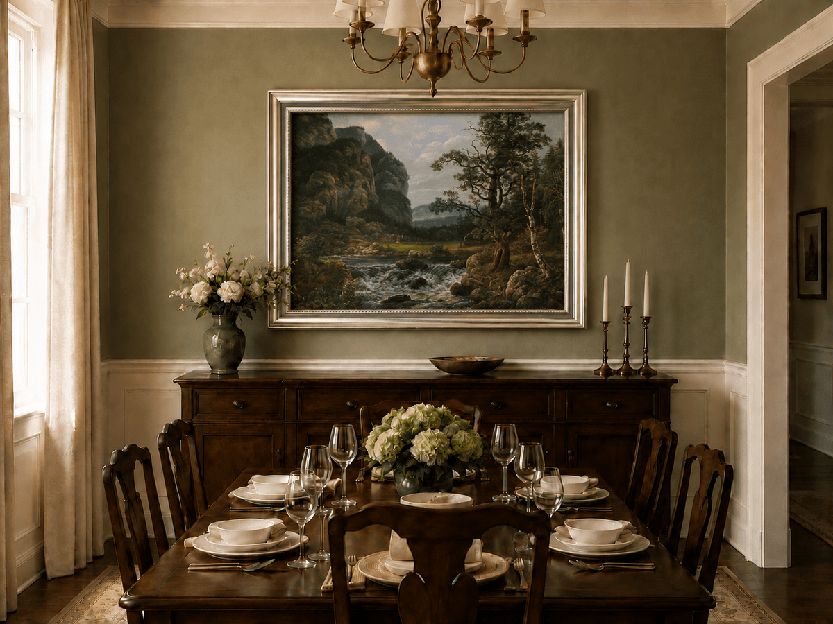 Mountain stream and forest cliffs oil landscape artwork shown in a styled home interior.