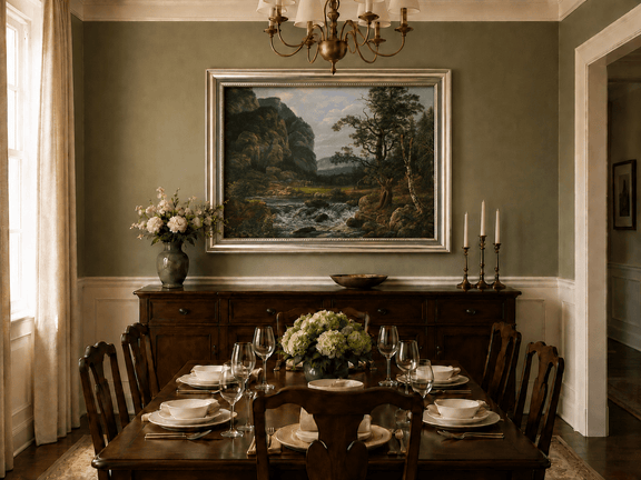 Mountain stream and forest cliffs oil landscape artwork shown in a styled home interior.
