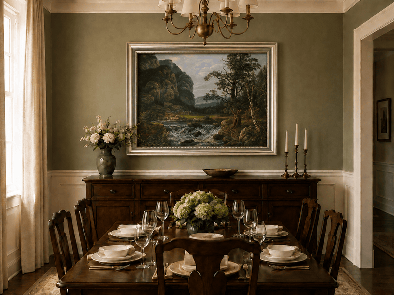 Mountain stream and forest cliffs oil landscape artwork shown in a styled home interior.
