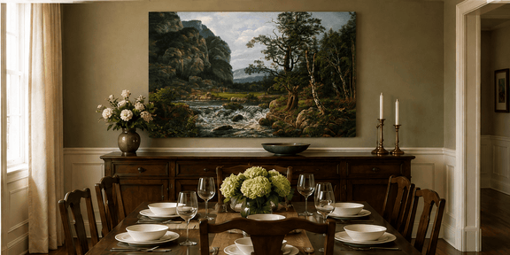 Hand-painted forest cliffs and stream landscape artwork in an interior display.