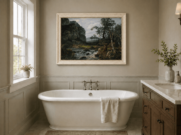 Mountain stream landscape oil painting presented as interior home decor.