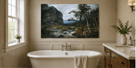 Mountain stream and forest cliffs landscape oil painting presented as styled home decor.