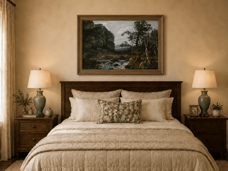 Hand-painted mountain stream and forest cliffs displayed as decorative wall art.