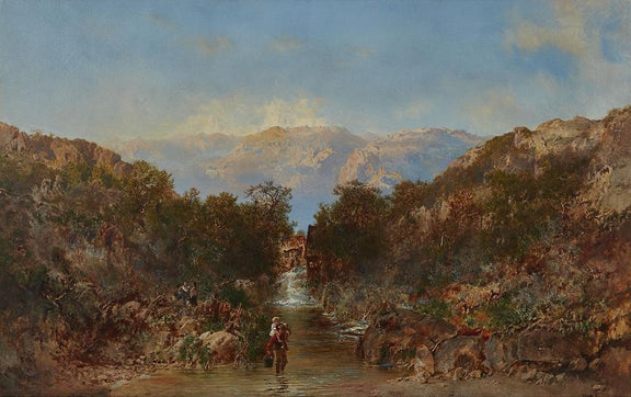 Hand-painted mountain stream and rustic mill view landscape oil painting on canvas