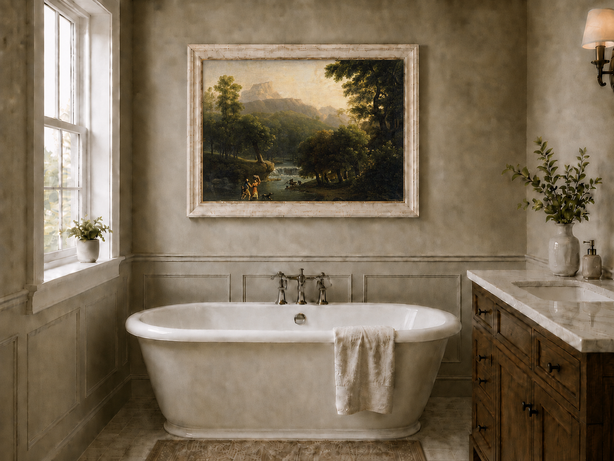 Hand-painted mountain stream with figures at dawn landscape oil painting displayed in a bathroom interior above a bathtub.
