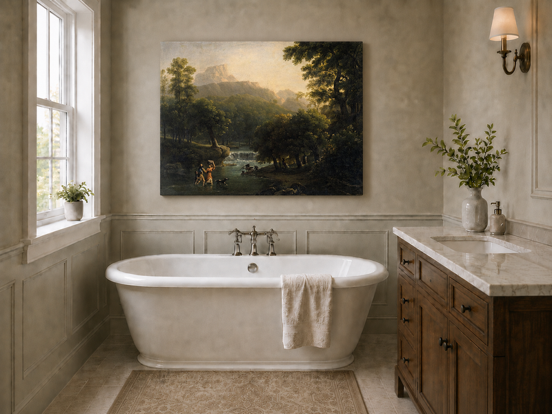 Hand-painted mountain stream with figures at dawn landscape oil painting displayed in a bathroom interior above a bathtub.