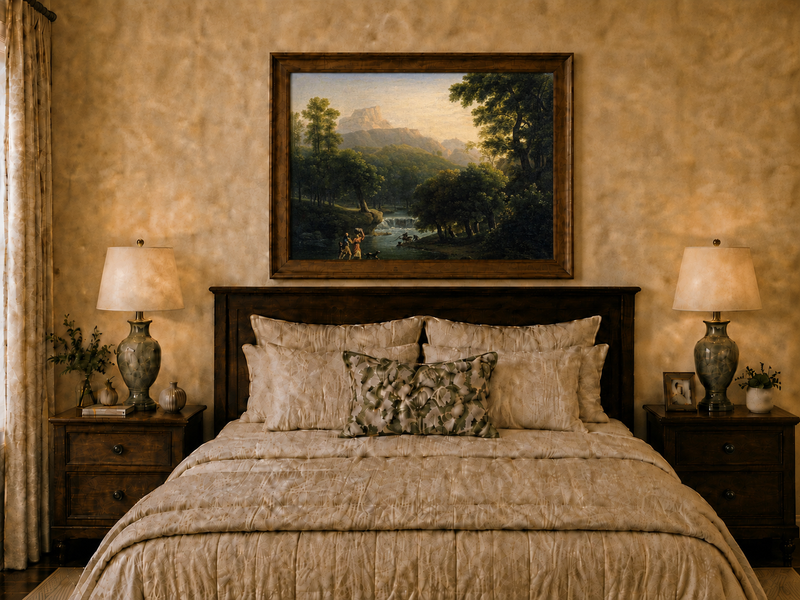 Hand-painted mountain stream with figures at dawn landscape oil painting displayed above a bed in a bedroom interior.