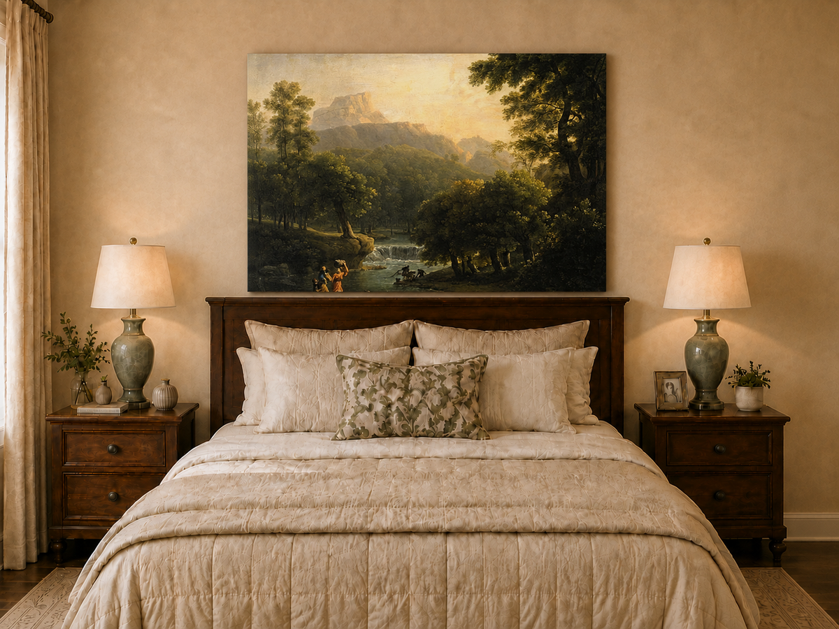 Hand-painted mountain stream with figures at dawn landscape oil painting displayed above a bed in a bedroom interior.