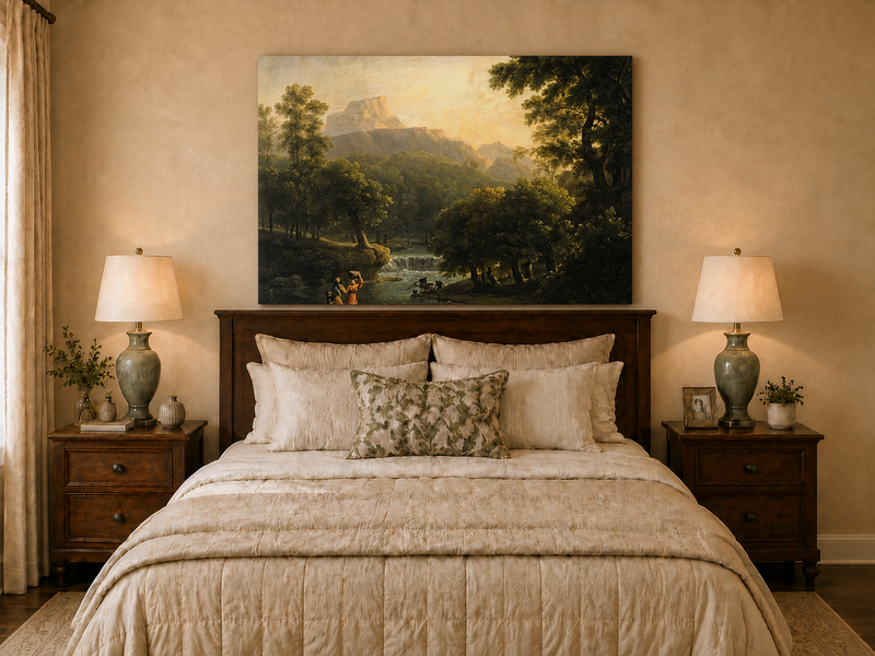 Hand-painted mountain stream with figures at dawn landscape oil painting displayed above a bed in a bedroom interior.