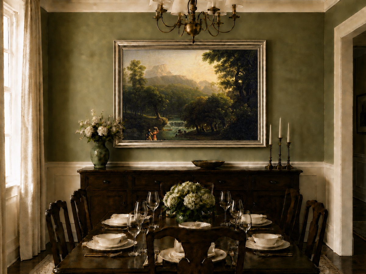 Hand-painted mountain stream with figures at dawn landscape oil painting displayed in a dining room interior.