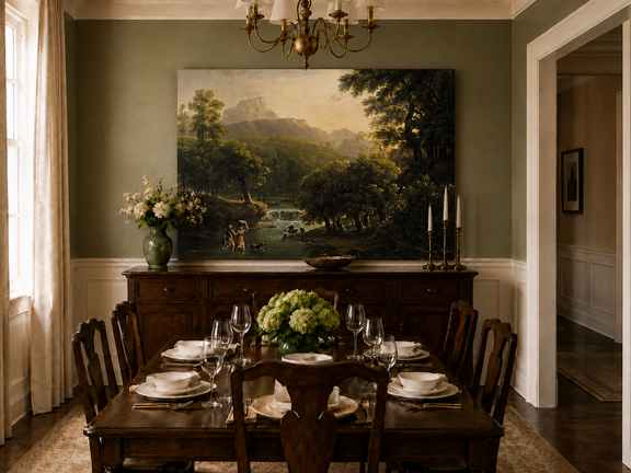 Hand-painted mountain stream with figures at dawn landscape oil painting displayed in a dining room interior.