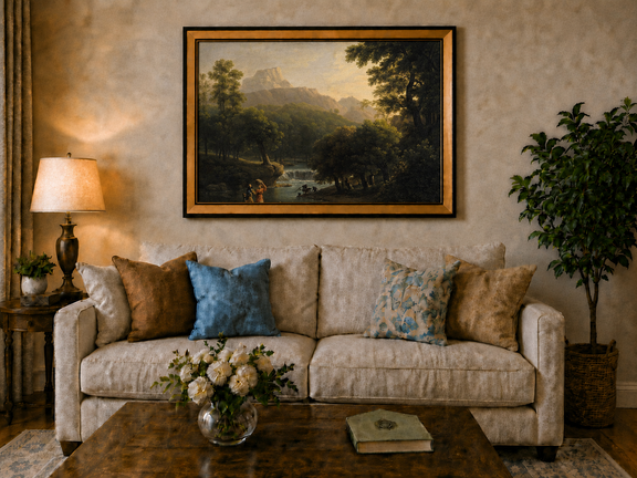 Hand-painted mountain stream with figures at dawn landscape oil painting displayed above a sofa in a living room interior.