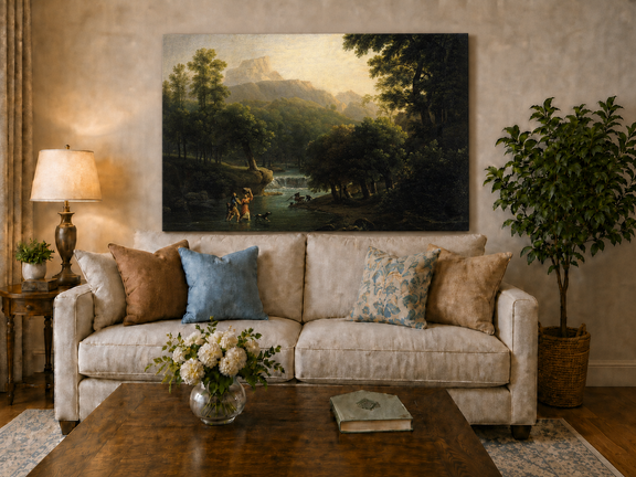 Hand-painted mountain stream with figures at dawn landscape oil painting displayed above a sofa in a living room interior.