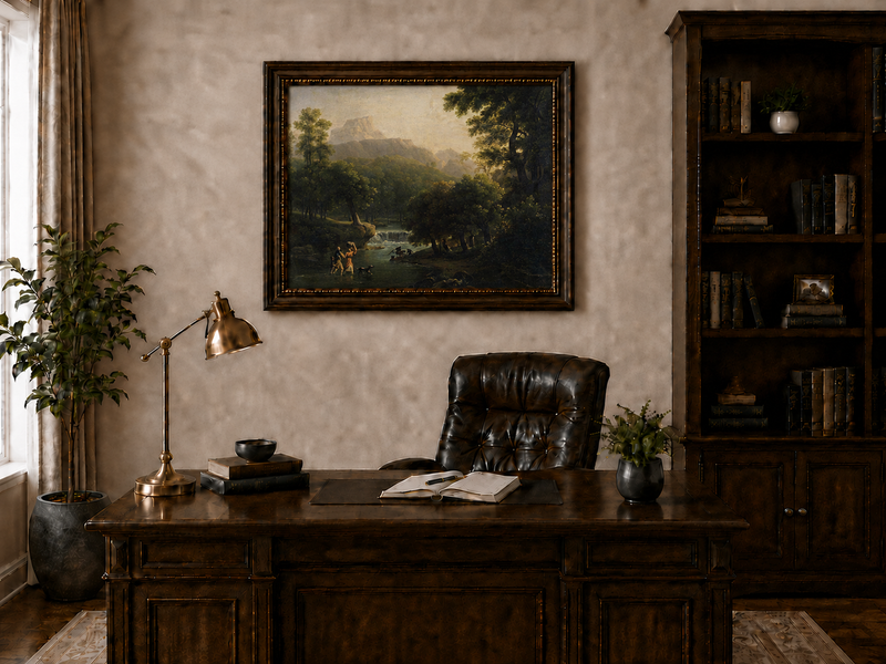 Hand-painted mountain stream with figures at dawn landscape oil painting displayed above a desk in a home office interior.