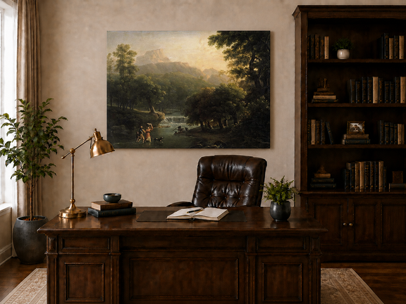 Hand-painted mountain stream with figures at dawn landscape oil painting displayed above a desk in a home office interior.
