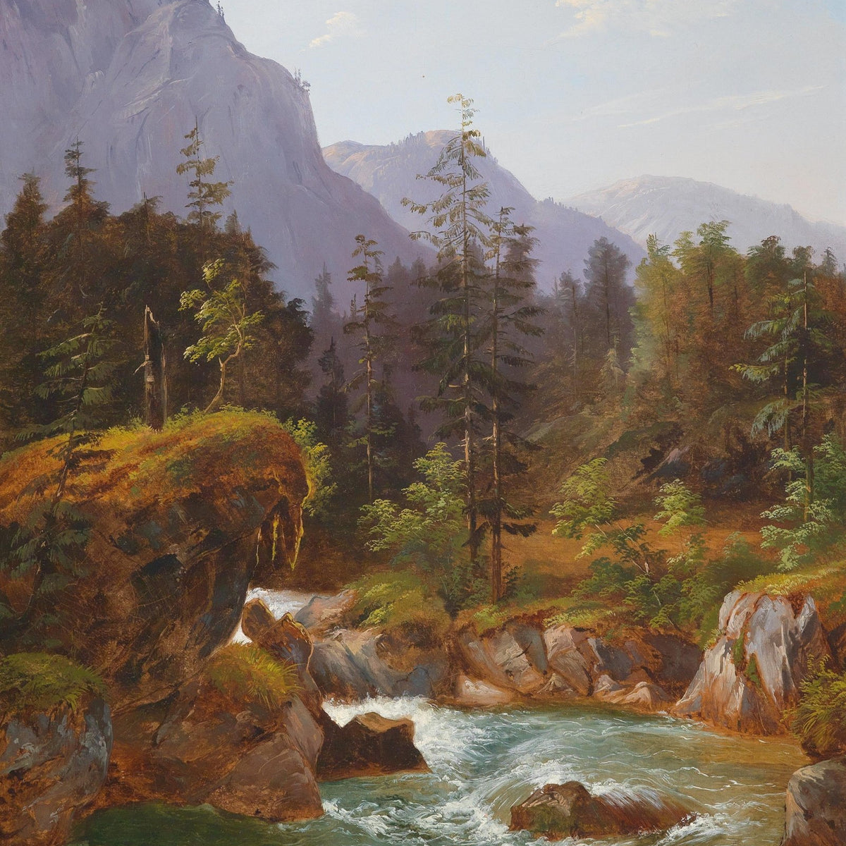 Hand-painted mountain stream in a pine forest landscape oil painting on canvas