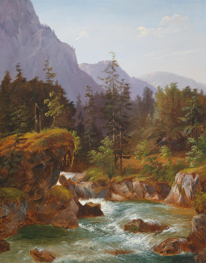 Hand-painted mountain stream in a pine forest landscape oil painting on canvas