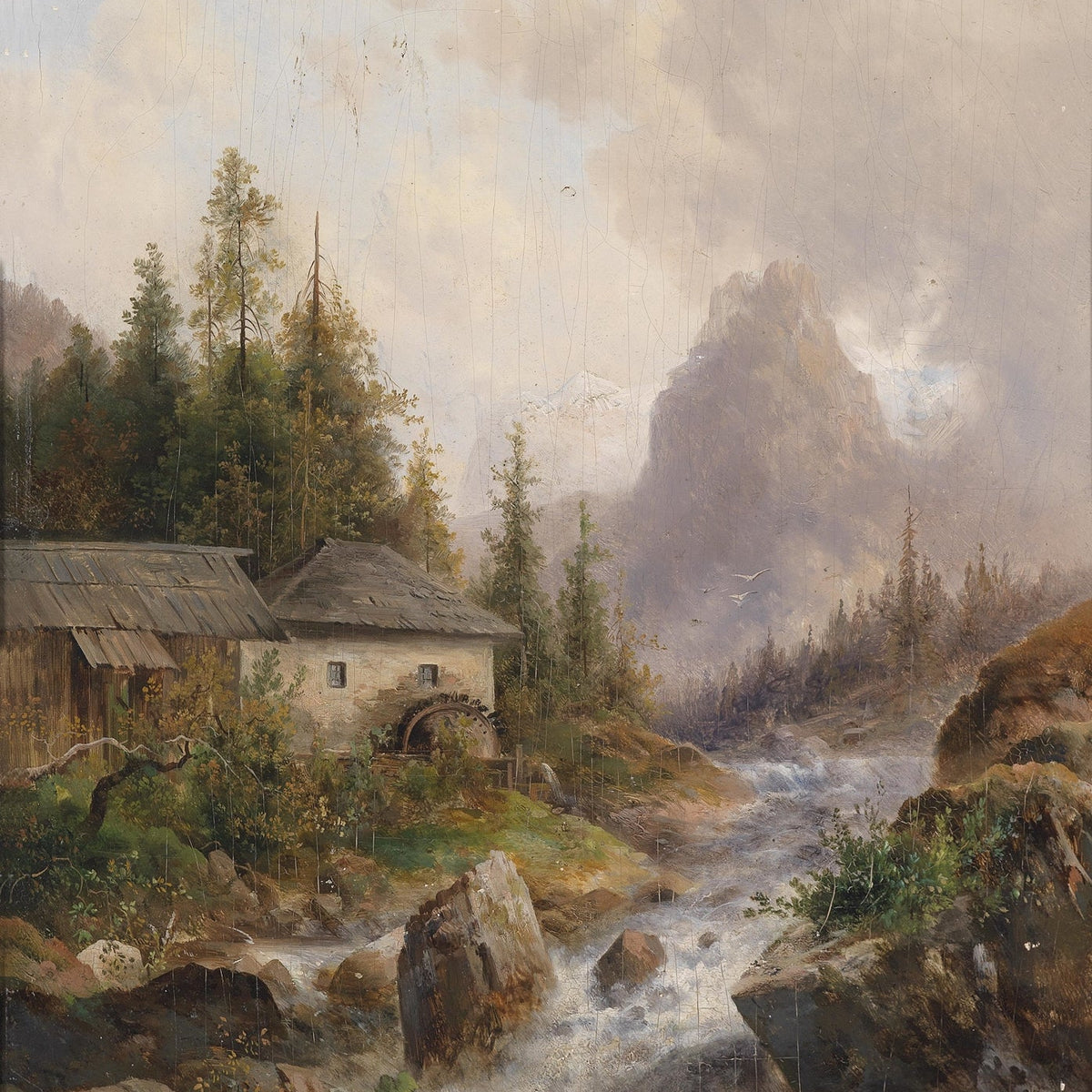 Landscape Oil Painting - Mountain Stream, Water Mill & Mountain Hills - Oil Painting Haven