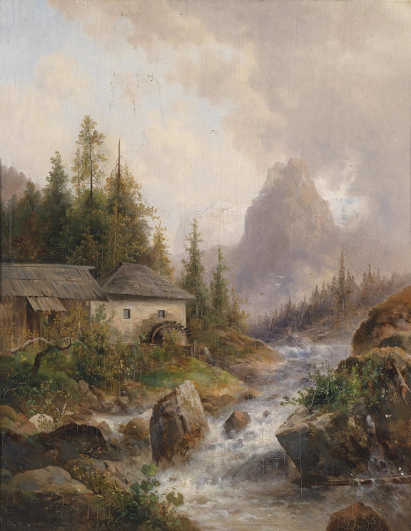 Landscape Oil Painting - Mountain Stream, Water Mill & Mountain Hills - Oil Painting Haven