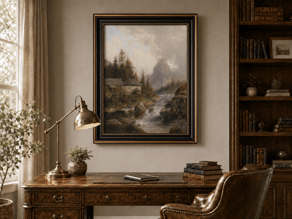 Mountain stream with water mill landscape oil painting presented in an interior wall art mockup.