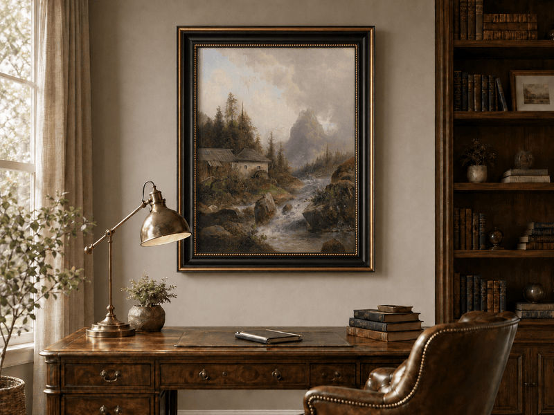Mountain stream with water mill landscape oil painting presented in an interior wall art mockup.