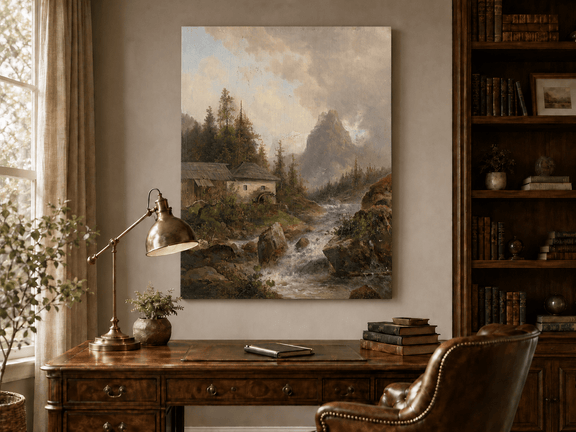 Interior wall art view featuring a mountain stream, water mill and hills oil painting.