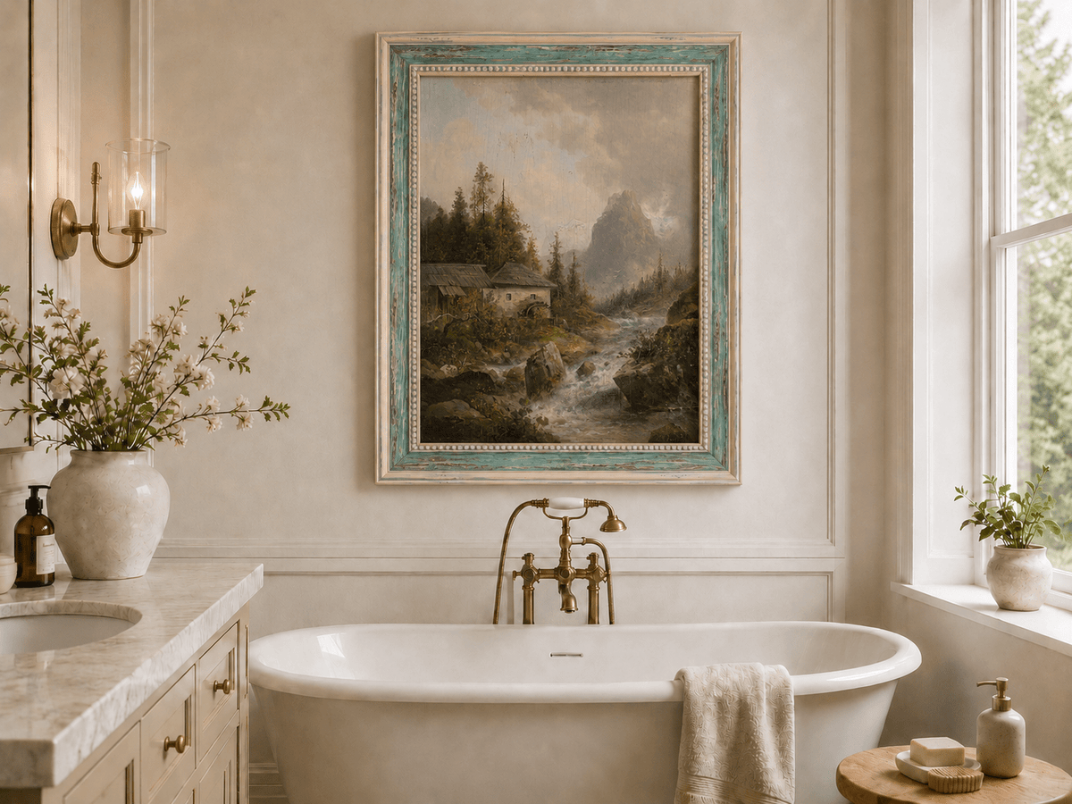 Mountain stream with rustic mill landscape oil painting presented as interior home decor.