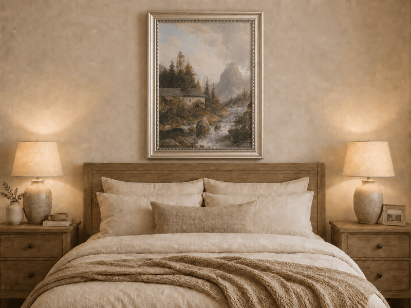 Hand-painted mountain water mill and hills artwork displayed as decorative wall art.