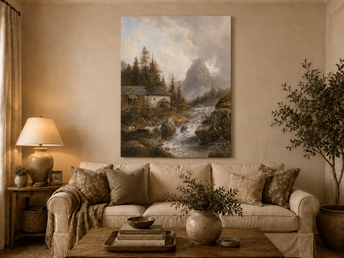 Mountain water mill and hills hand-painted oil artwork displayed in a second interior view.