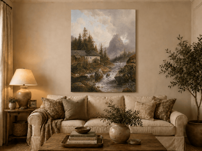 Mountain water mill and hills hand-painted oil artwork displayed in a second interior view.