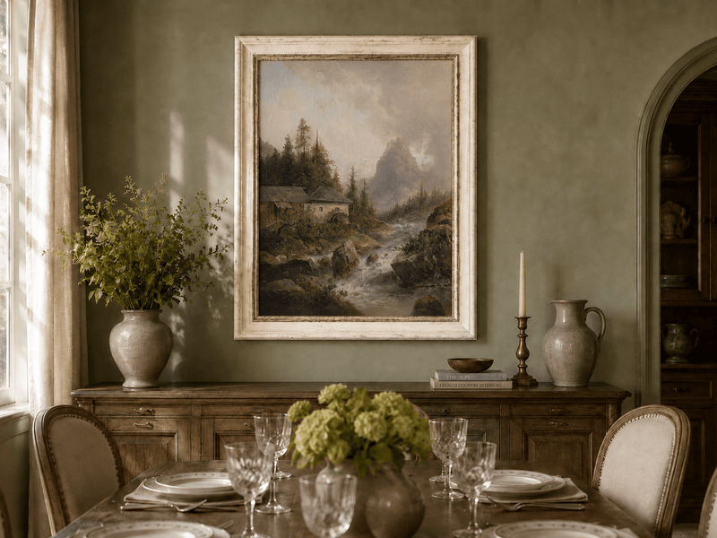 Mountain stream and water mill oil landscape artwork shown in a styled home interior.