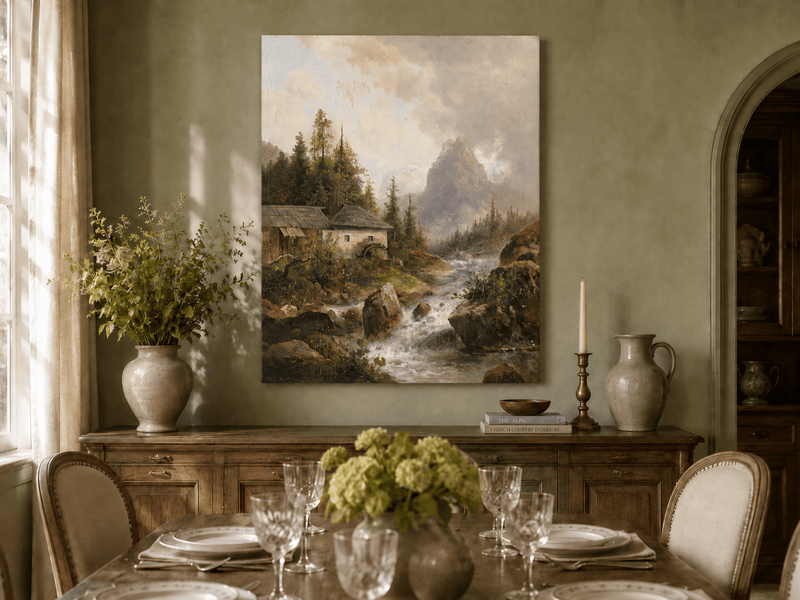 Hand-painted mountain stream and water mill landscape artwork in an interior display.