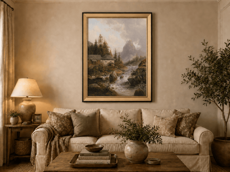 Mountain stream with water mill and mountain hills landscape oil painting displayed in a styled home interior.