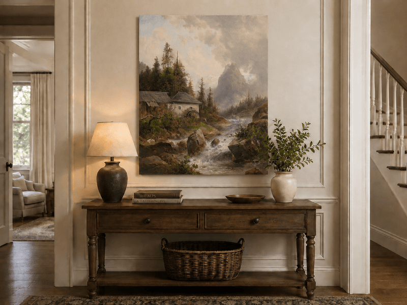 Mountain stream landscape painting shown as decorative oil wall art.