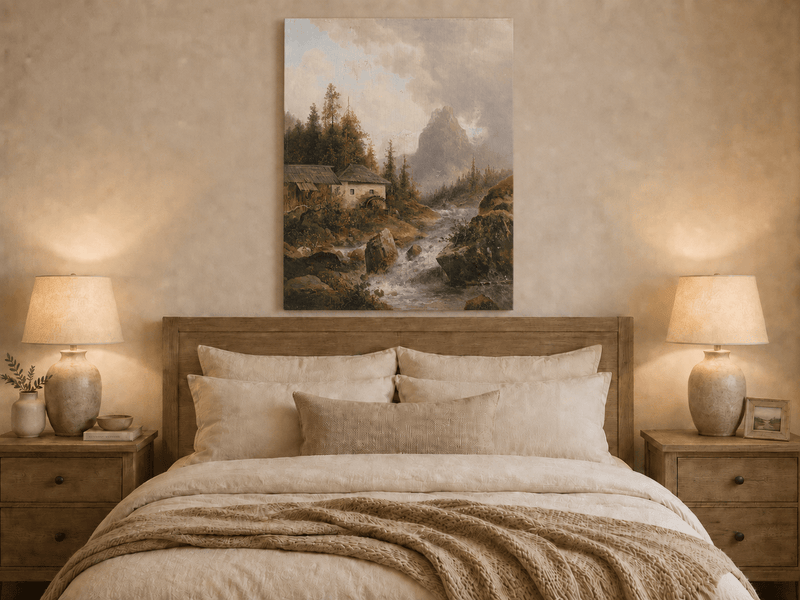 Mountain water mill and stream oil painting displayed as landscape wall decor.