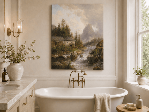 Mountain stream, water mill and mountain hills landscape oil painting presented as styled home decor.