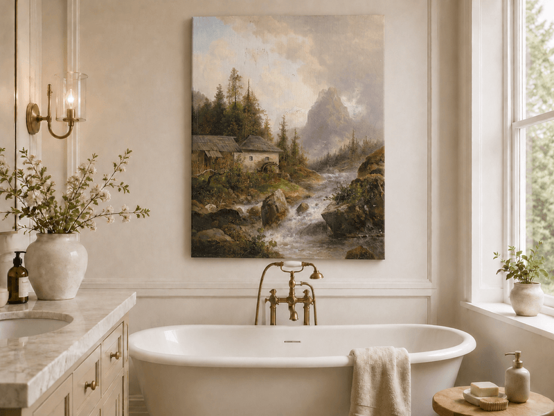 Mountain stream, water mill and mountain hills landscape oil painting presented as styled home decor.