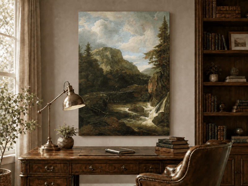 Peinture à l'huile de paysage - Ruisseau de montagne avec pont