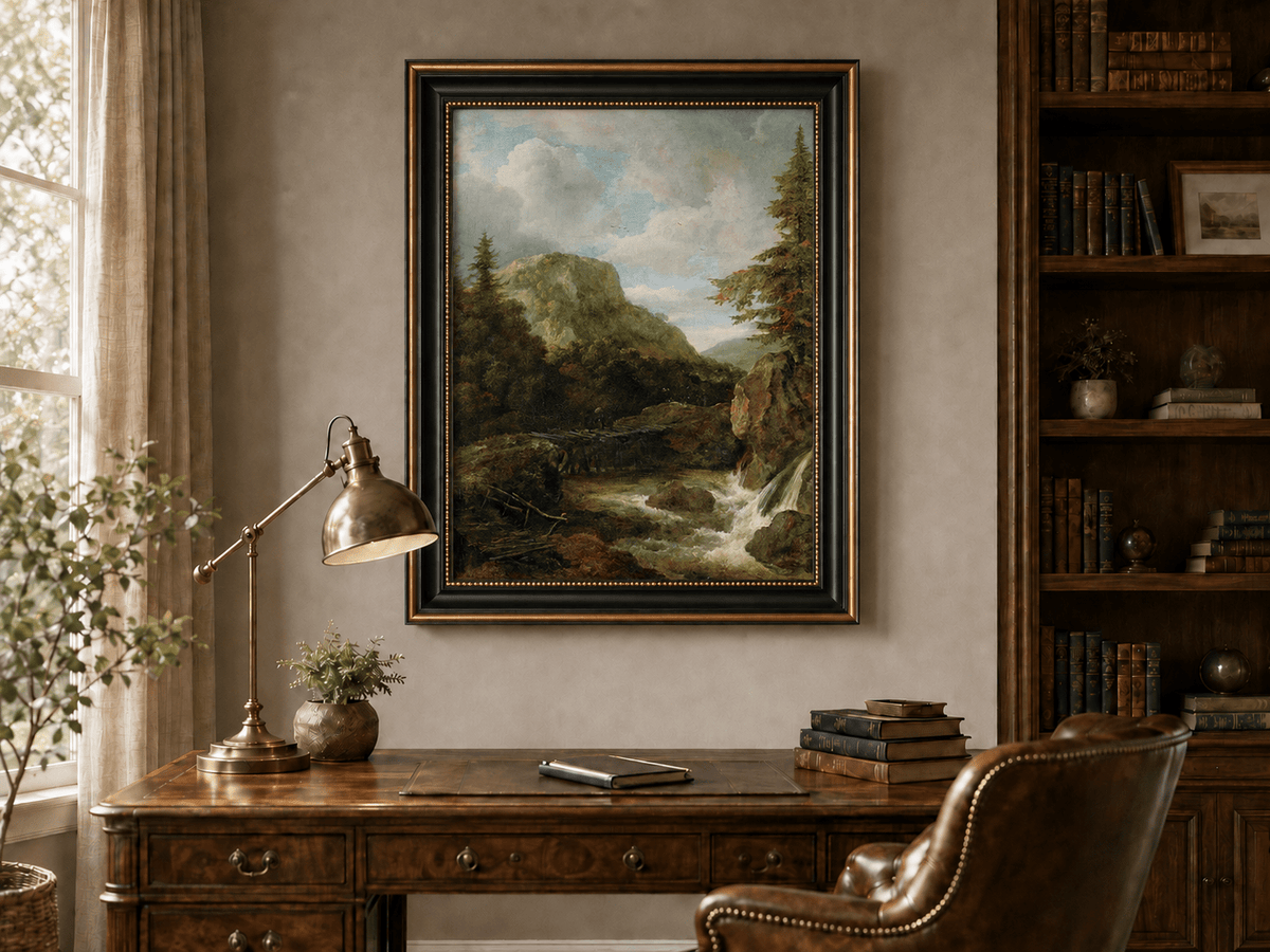 Peinture à l'huile de paysage - Ruisseau de montagne avec pont