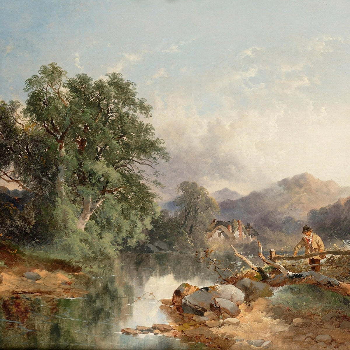 Hand-painted mountain stream with cottage and figure landscape oil painting on canvas