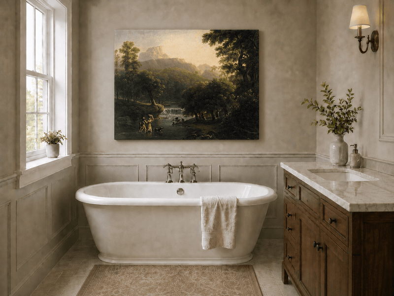 Hand-painted mountain stream with figures at dawn landscape oil painting displayed in a bathroom interior above a bathtub.
