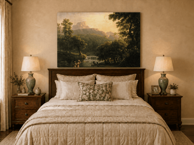 Hand-painted mountain stream with figures at dawn landscape oil painting displayed above a bed in a bedroom interior.