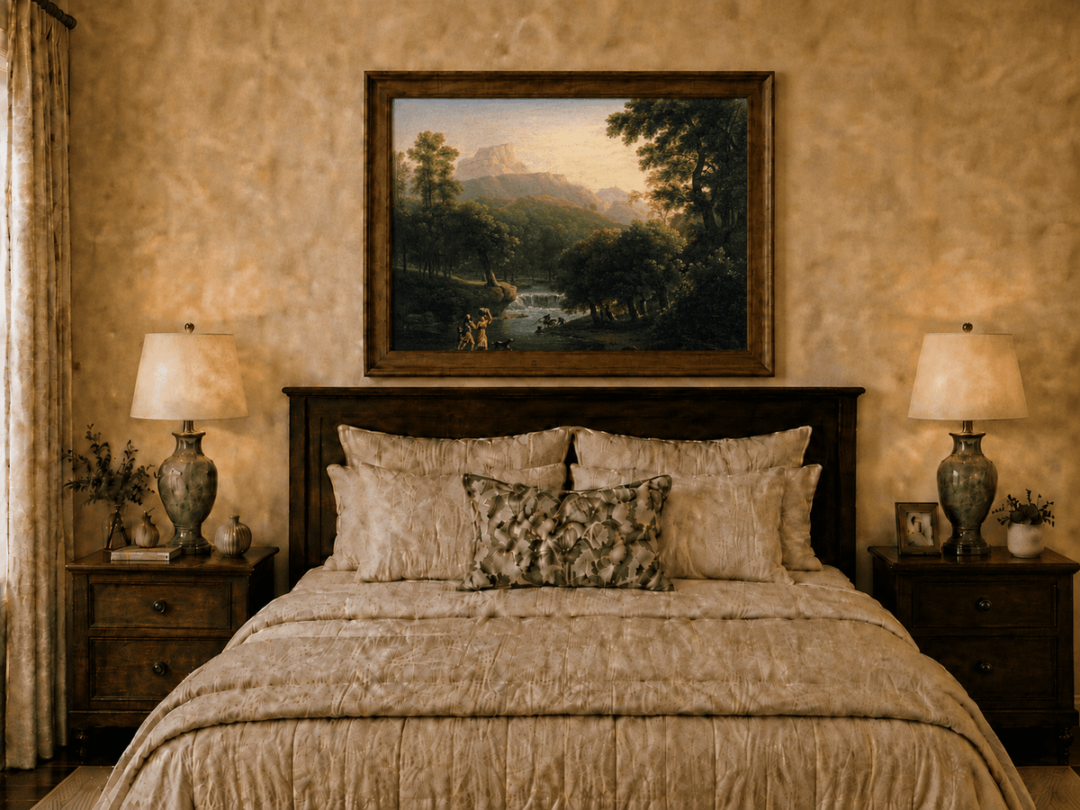 Hand-painted mountain stream with figures at dawn landscape oil painting displayed above a bed in a bedroom interior.