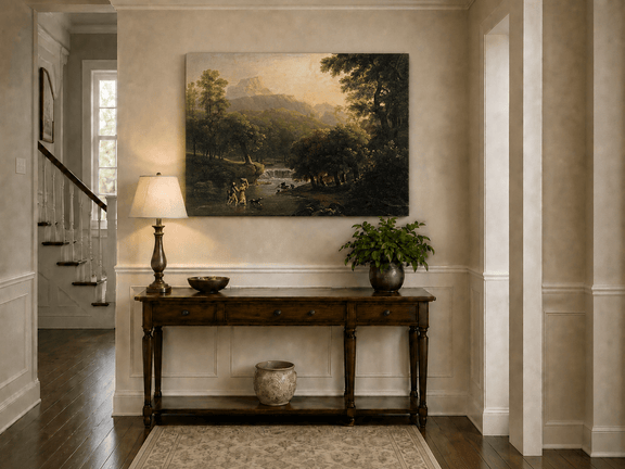 Hand-painted mountain stream with figures at dawn landscape oil painting displayed above a console table in a hallway interior.