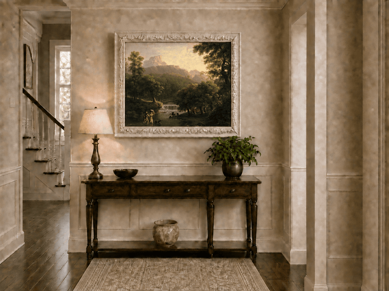 Hand-painted mountain stream with figures at dawn landscape oil painting displayed above a console table in a hallway interior.