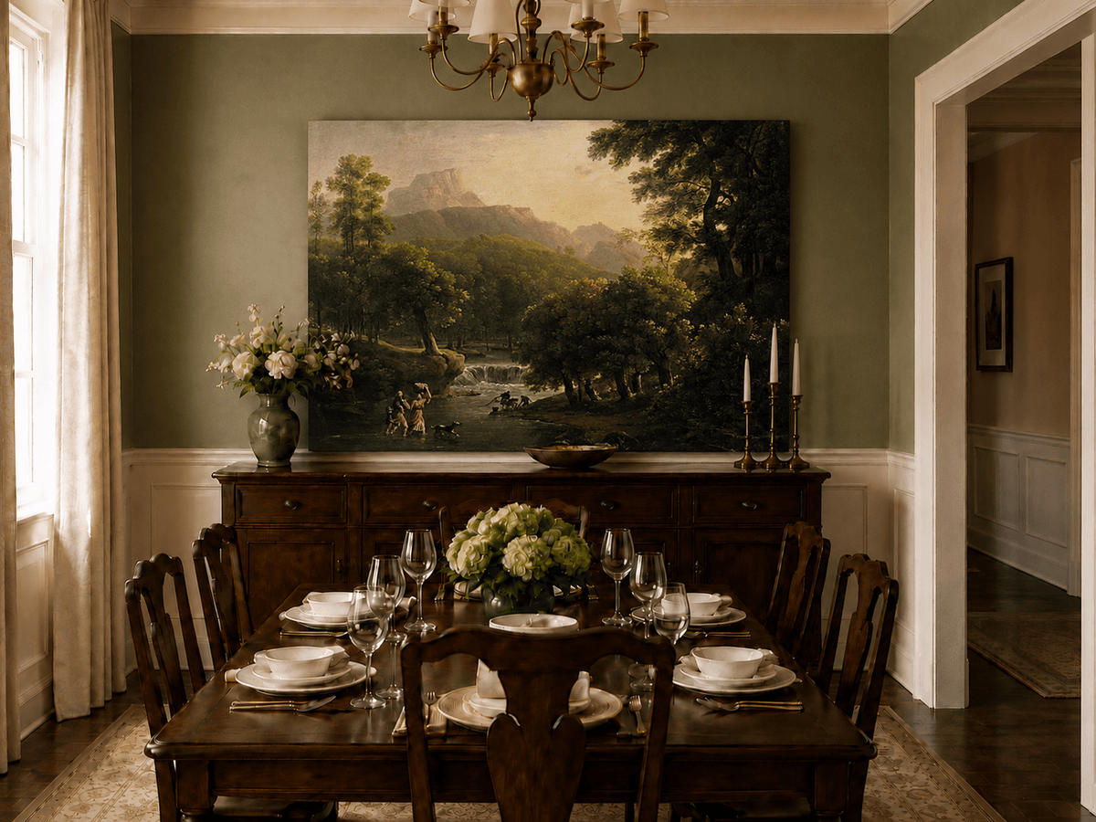 Hand-painted mountain stream with figures at dawn landscape oil painting displayed in a dining room interior.