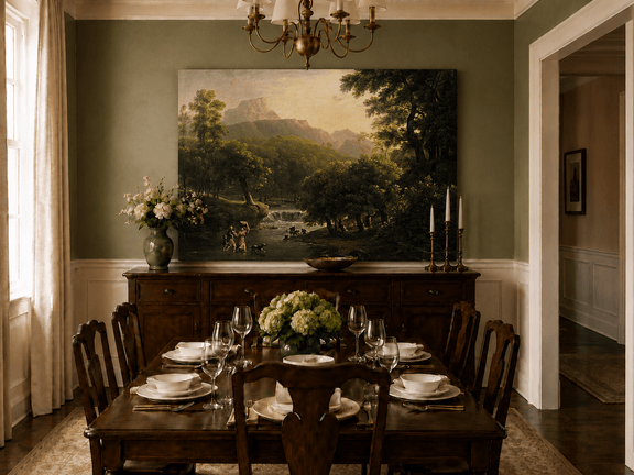 Hand-painted mountain stream with figures at dawn landscape oil painting displayed in a dining room interior.