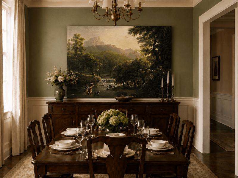 Hand-painted mountain stream with figures at dawn landscape oil painting displayed in a dining room interior.