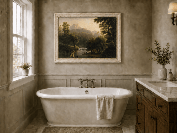 Hand-painted mountain stream with figures at dawn landscape oil painting displayed in a bathroom interior above a bathtub.