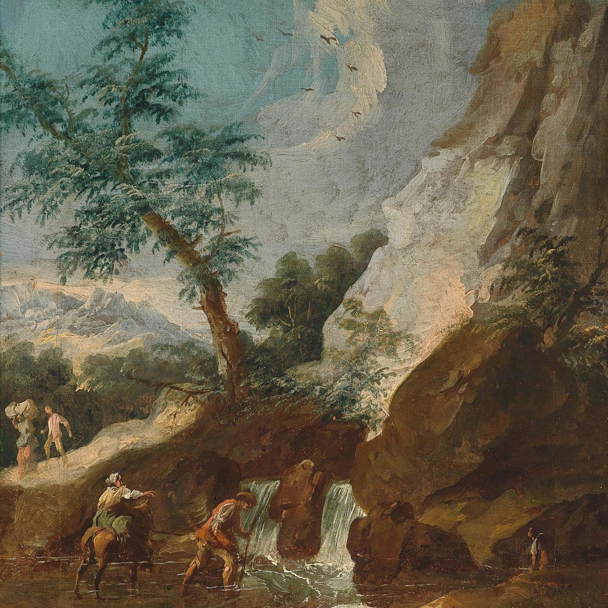 Landscape Oil Painting - Mountain Stream with Figures & Tree - Oil Painting Haven